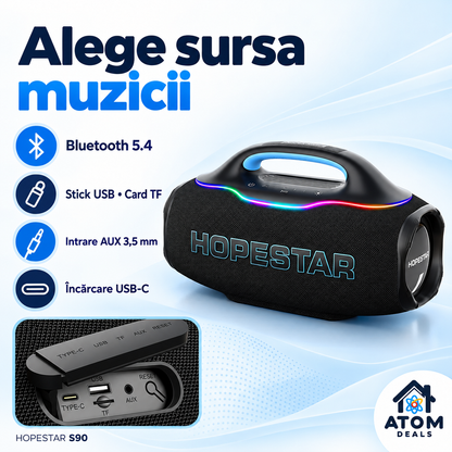 Boxă HOPESTAR S90 cu detaliu al conexiunilor USB-C, USB, TF și AUX