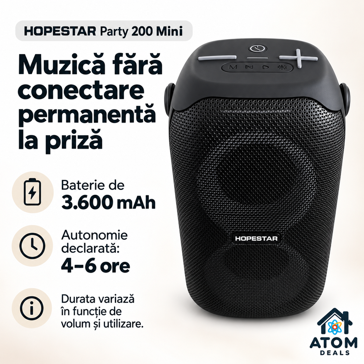 Boxă portabilă wireless HOPESTAR Party 200 Mini, neagră, cu comenzi pe carcasă