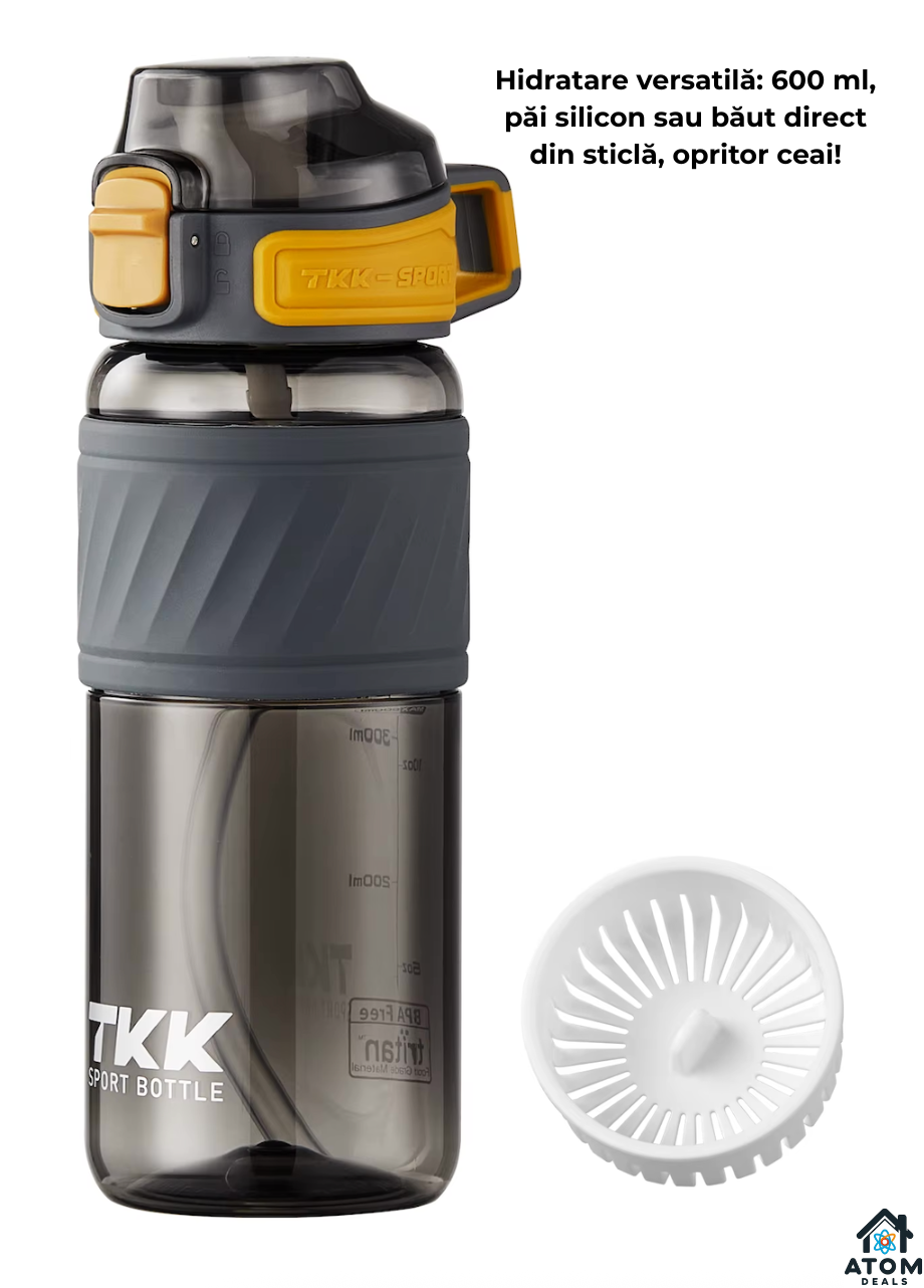 Sticlă apă 600 ml ATOM Deals® – Tritan fără BPA, pai silicon, capac flip, etanșă