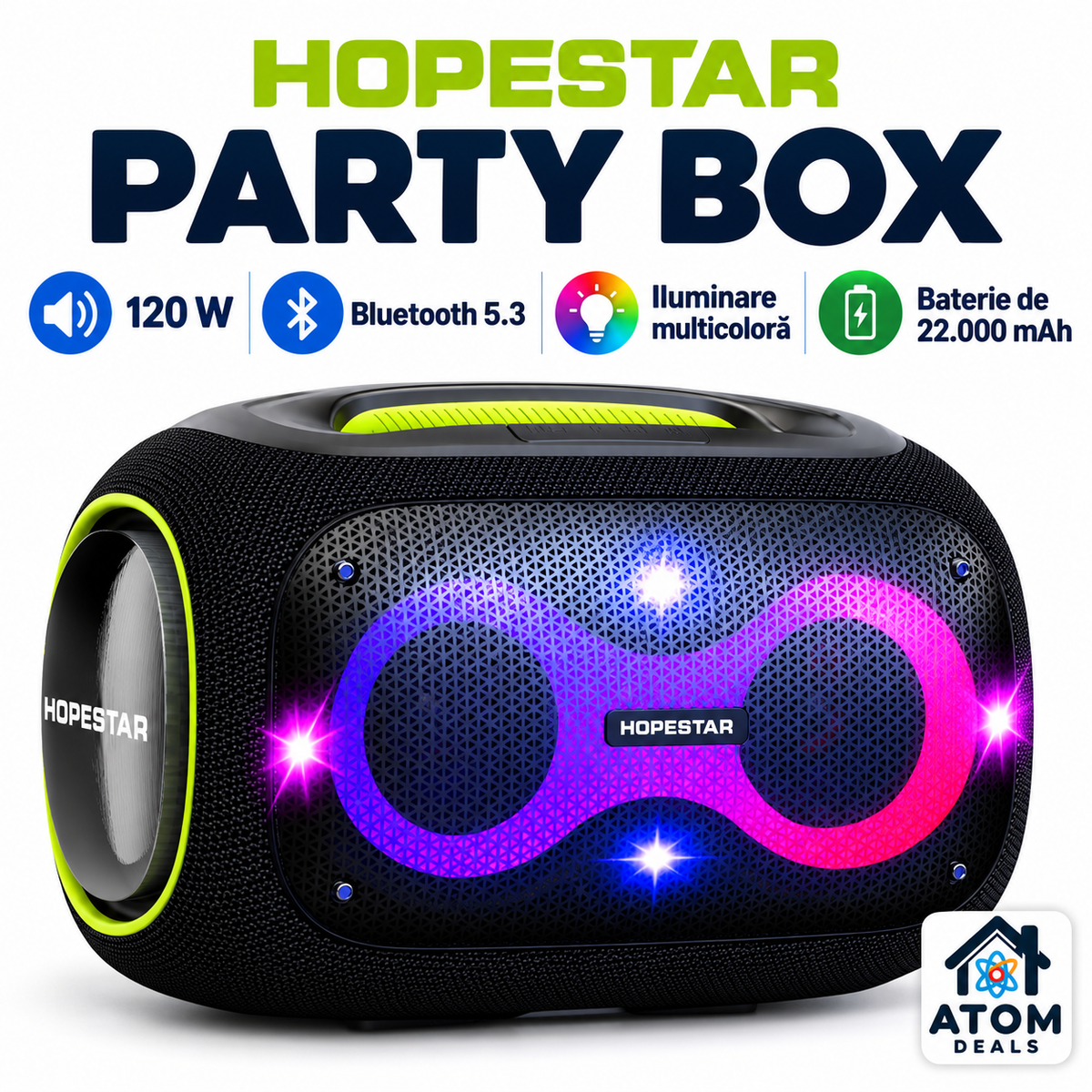 Boxă HOPESTAR Party Box neagră cu accente verzi, 2 microfoane, iluminare multicoloră și mâner integrat