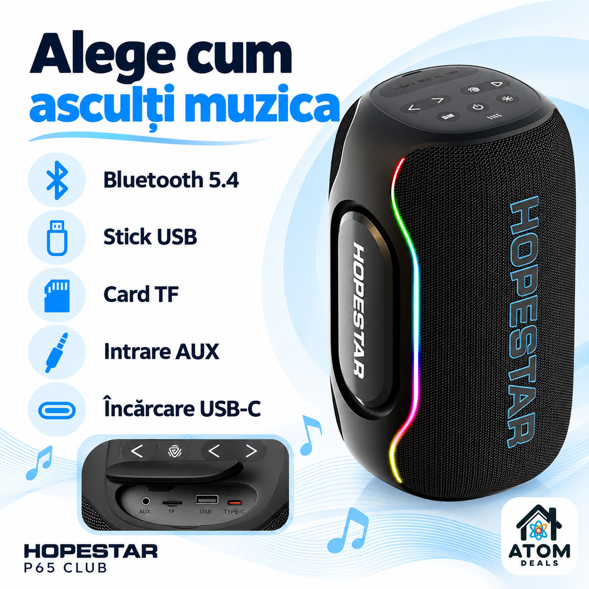 Fișa de specificații a boxei HOPESTAR P65 Club, alături de produsul negru