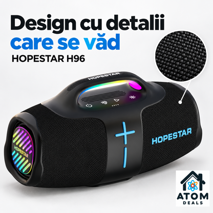Boxă HOPESTAR H96 neagră, cu detaliu al materialului textil de pe carcasă