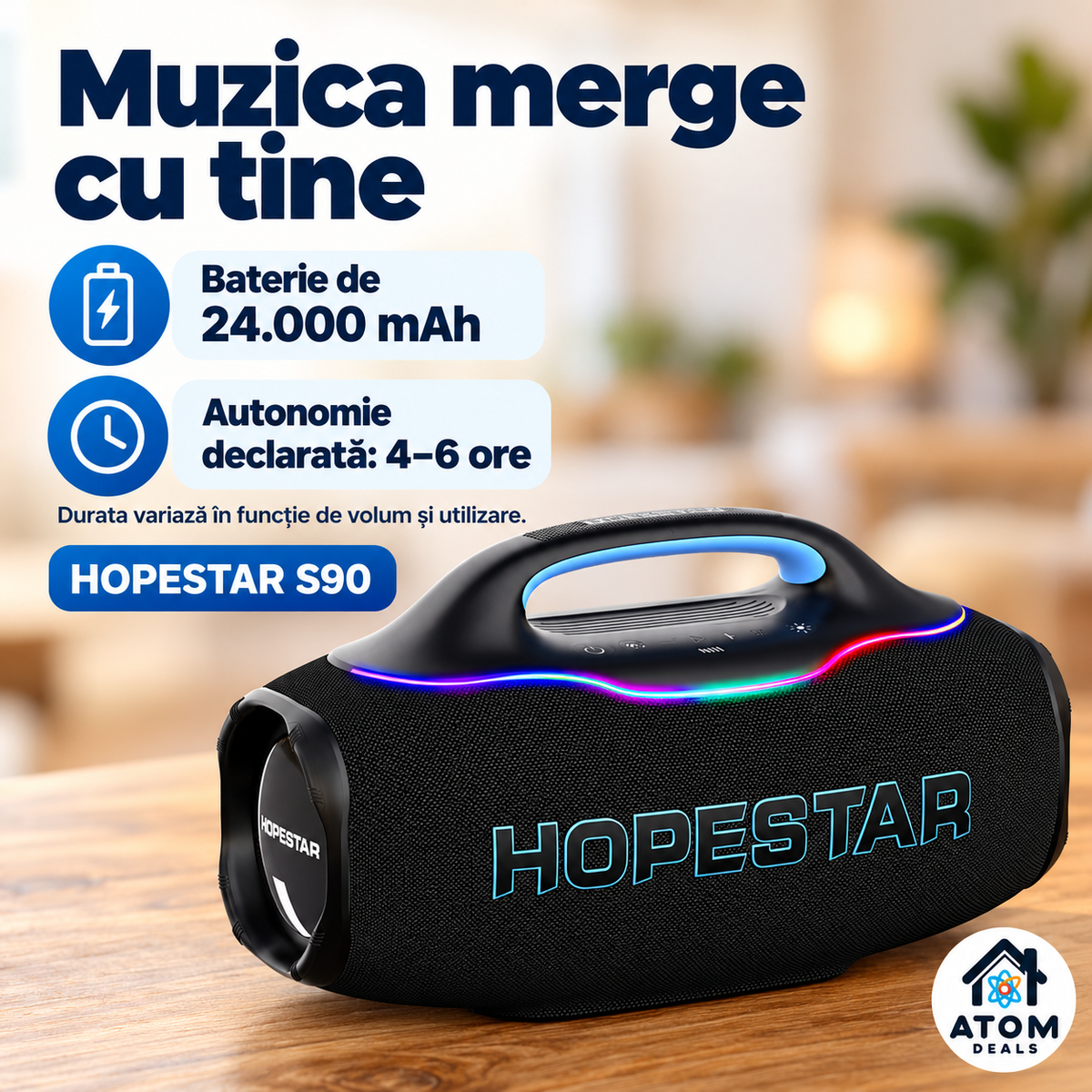 Boxă HOPESTAR S90 pe o masă, cu informații despre bateria de 24.000 mAh și autonomia declarată de 4–6 ore