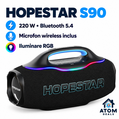 Boxă portabilă HOPESTAR S90 neagră, cu mâner integrat, microfon și iluminare RGB