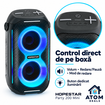 Boxă portabilă wireless HOPESTAR Party 200 Mini, neagră, cu comenzi pe carcasă