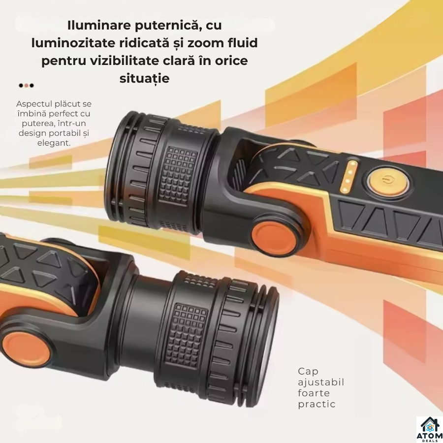 Lanterna LED multifunctionala ATOM Deals®, 1000 lm, reincarcabila USB-C, magnetica, zoom reglabil, SOS, IP54, 3000 mAh, negru/portocaliu ATOM Deals