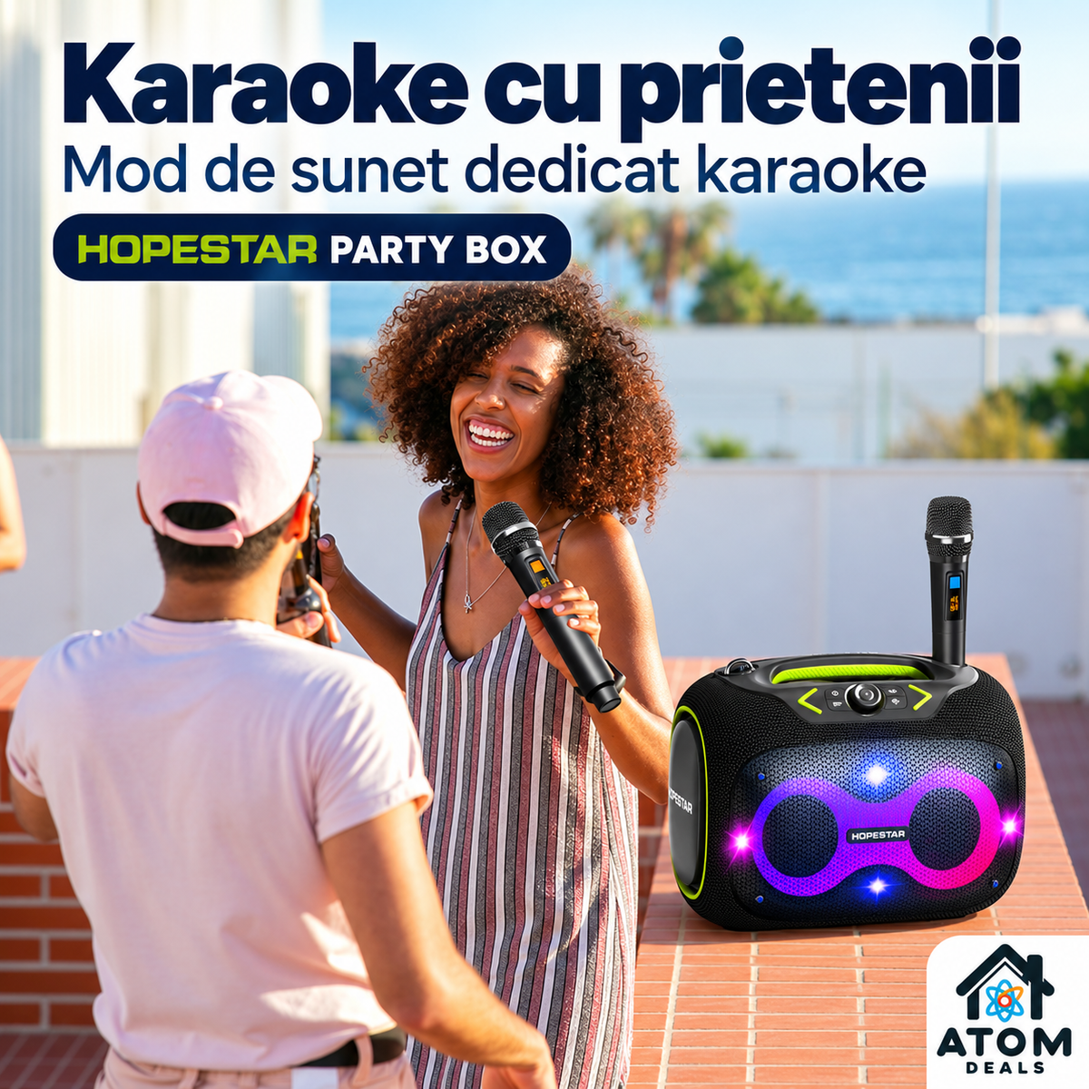 	Persoană cântând la microfon wireless alături de boxa HOPESTAR Party Box