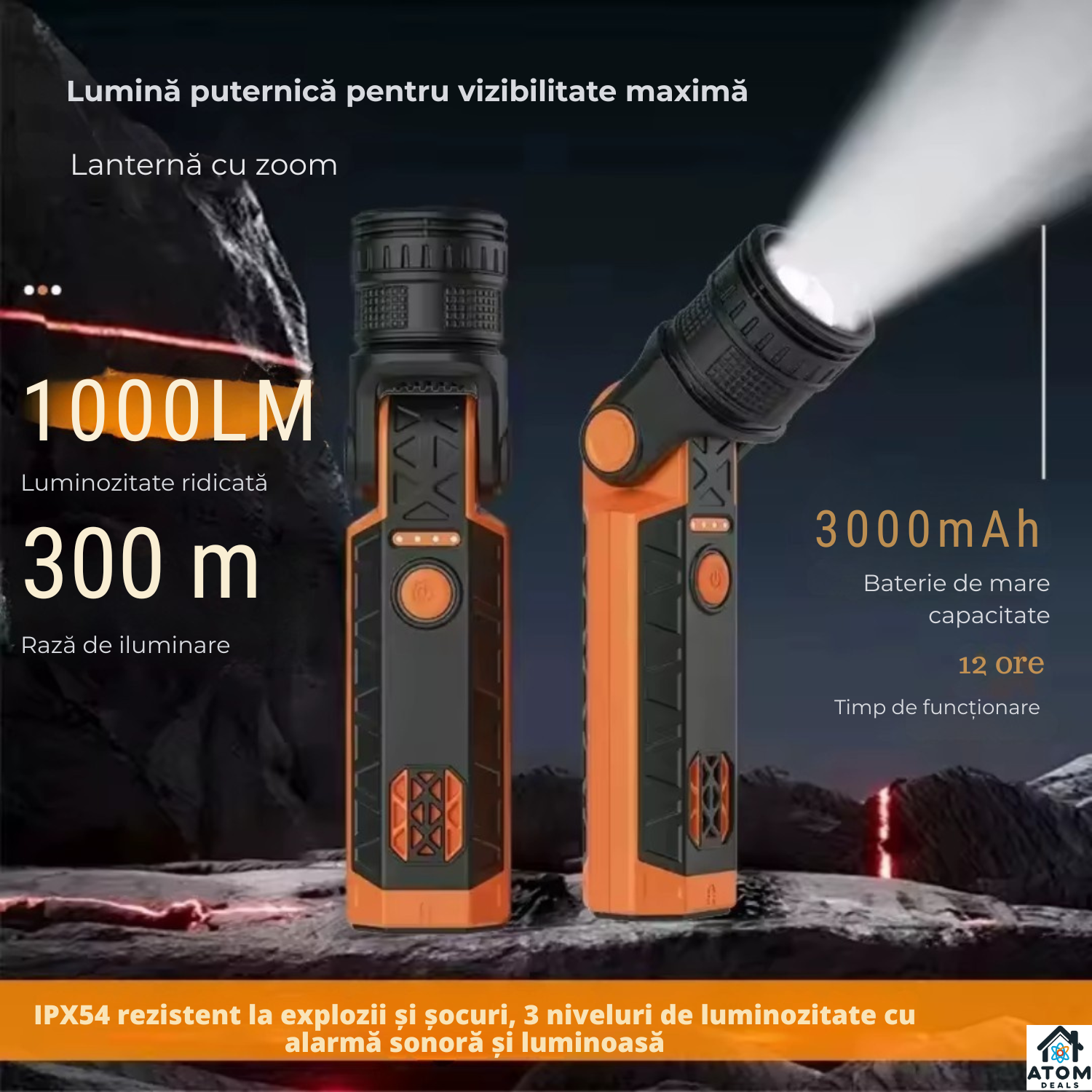 Lanterna LED multifunctionala ATOM Deals®, 1000 lm, reincarcabila USB-C, magnetica, zoom reglabil, SOS, IP54, 3000 mAh, negru/portocaliu ATOM Deals