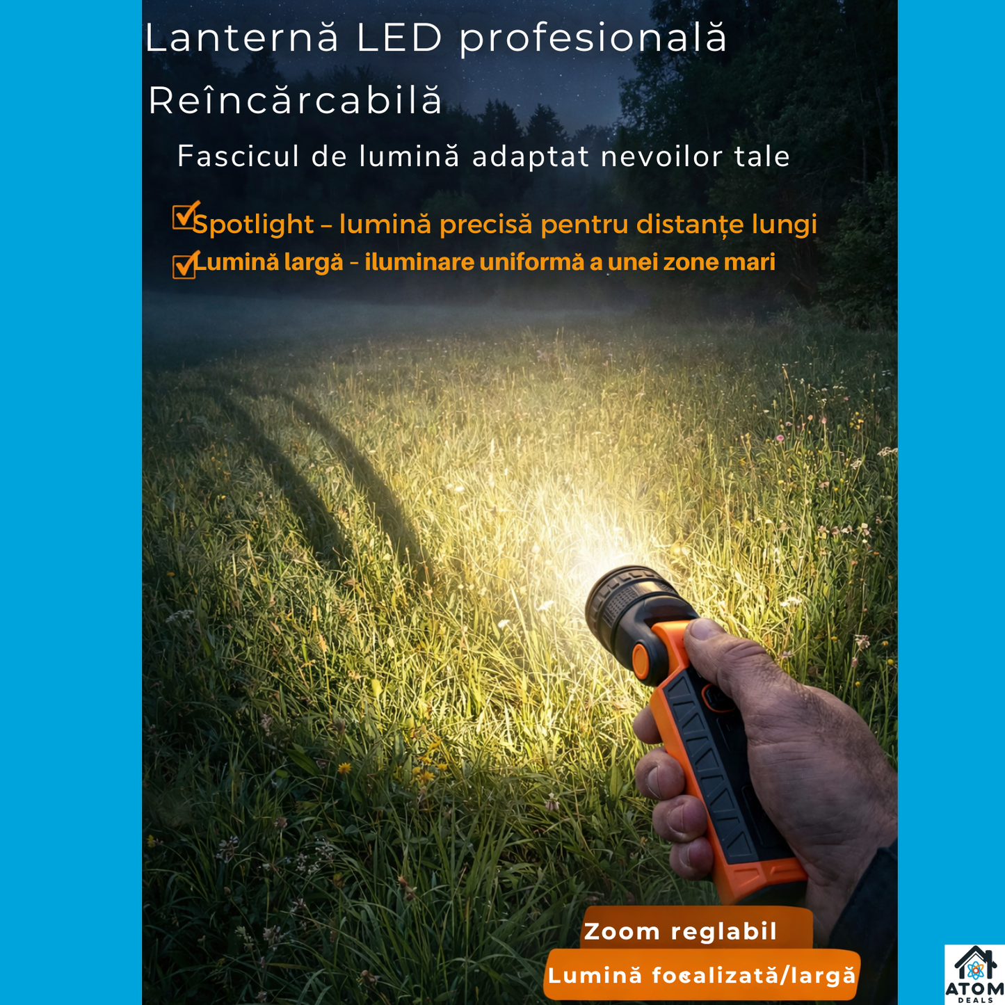 Lanterna LED multifunctionala ATOM Deals®, 1000 lm, reincarcabila USB-C, magnetica, zoom reglabil, SOS, IP54, 3000 mAh, negru/portocaliu ATOM Deals