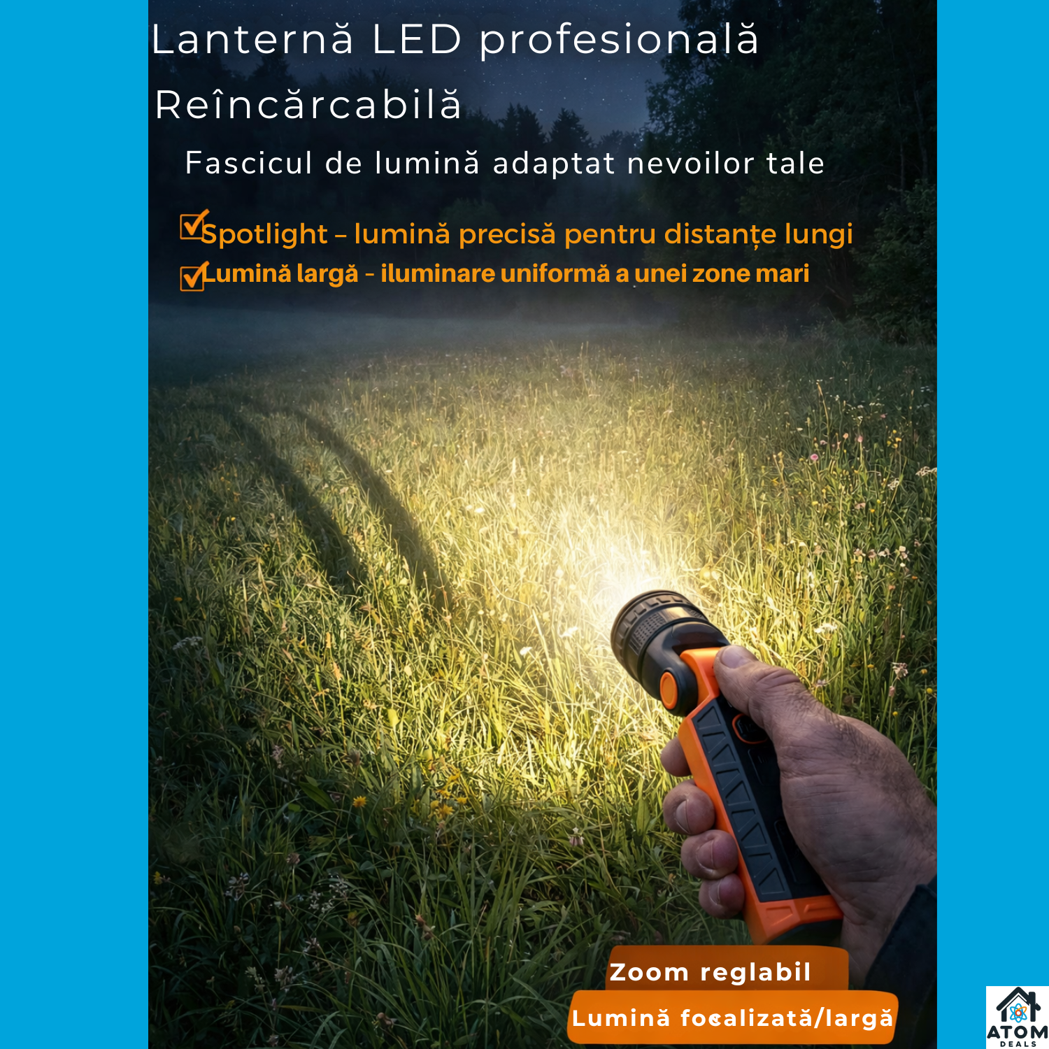 Lanterna LED multifunctionala ATOM Deals®, 1000 lm, reincarcabila USB-C, magnetica, zoom reglabil, SOS, IP54, 3000 mAh, negru/portocaliu ATOM Deals