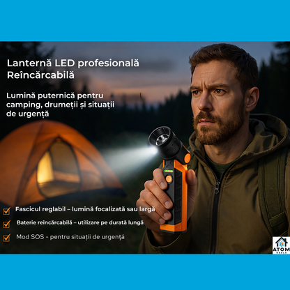 Lanterna LED multifunctionala ATOM Deals®, 1000 lm, reincarcabila USB-C, magnetica, zoom reglabil, SOS, IP54, 3000 mAh, negru/portocaliu ATOM Deals
