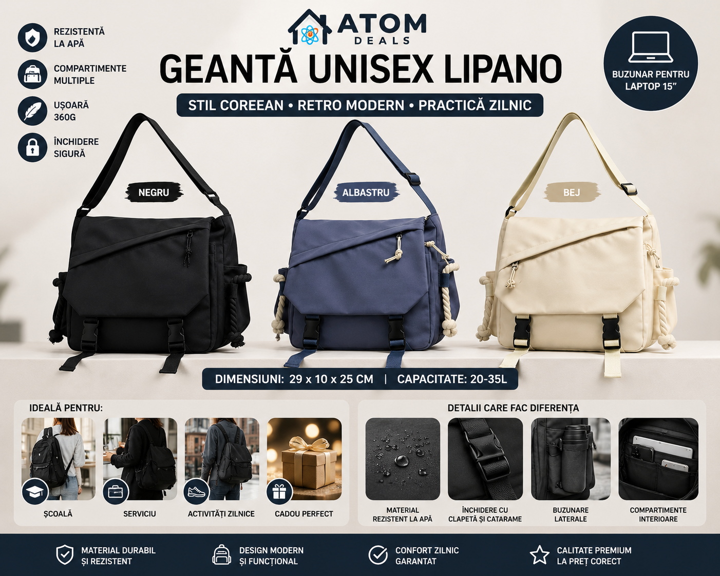 Geanta unisex Lipano ATOM Deals® – design coreean retro modern, rezistenta la apa, compartimente multiple, ideala pentru scoala, birou si lifestyle urban