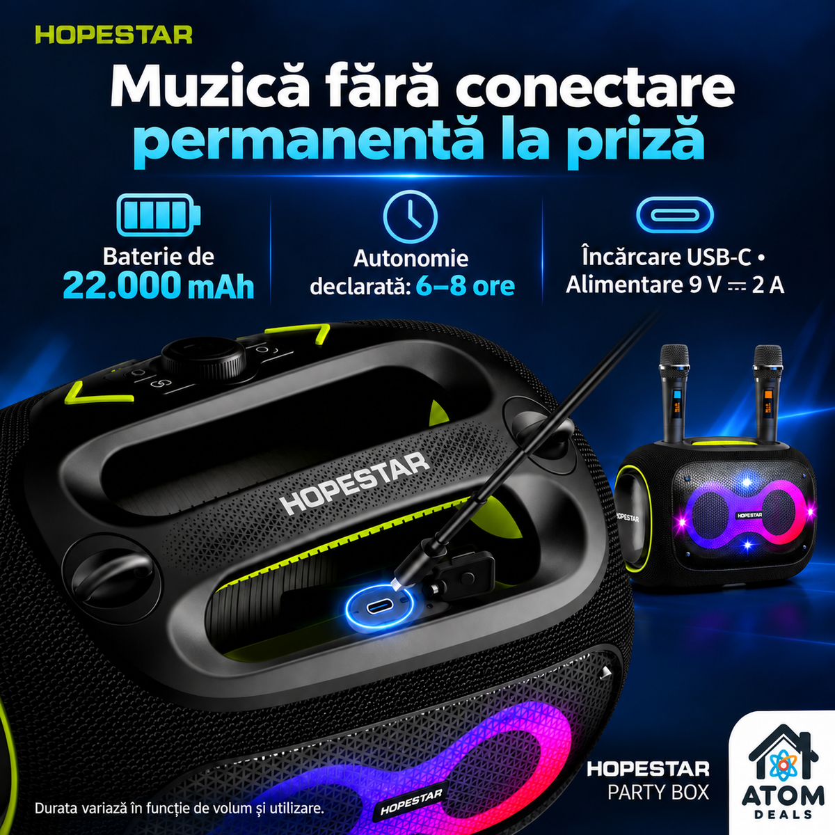 Detaliu al încărcării USB-C pentru HOPESTAR Party Box, cu baterie de 22.000 mAh