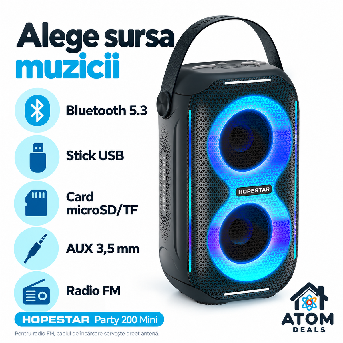 Boxă portabilă wireless HOPESTAR Party 200 Mini, neagră, cu comenzi pe carcasă
