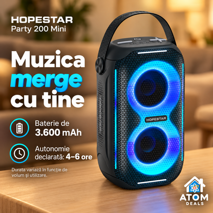 Boxă portabilă wireless HOPESTAR Party 200 Mini, neagră, cu comenzi pe carcasă