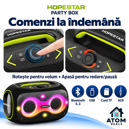 Detalii ale butonului rotativ și comenzilor boxei HOPESTAR Party Box