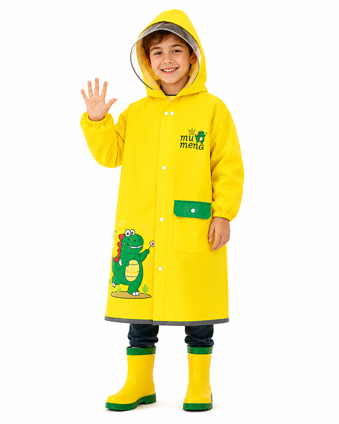 Pelerina de ploaie pentru copii ATOM Deals® Dinozaur Galben, impermeabila EVA, protectie ghiozdan, gluga cu cozoroc transparent, benzi reflectorizante, sac depozitare inclus