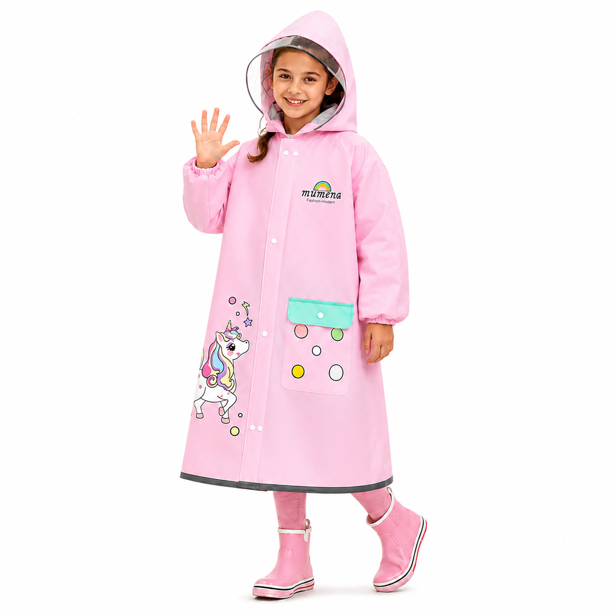 Pelerina de ploaie pentru copii ATOM Deals® unicorn roz, impermeabila EVA, protectie ghiozdan, gluga cu cozoroc transparent, benzi reflectorizante, sac depozitare inclus
