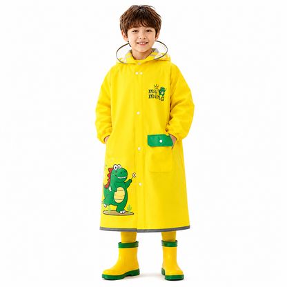 Pelerina de ploaie pentru copii ATOM Deals® Dinozaur Galben, impermeabila EVA, protectie ghiozdan, gluga cu cozoroc transparent, benzi reflectorizante, sac depozitare inclus