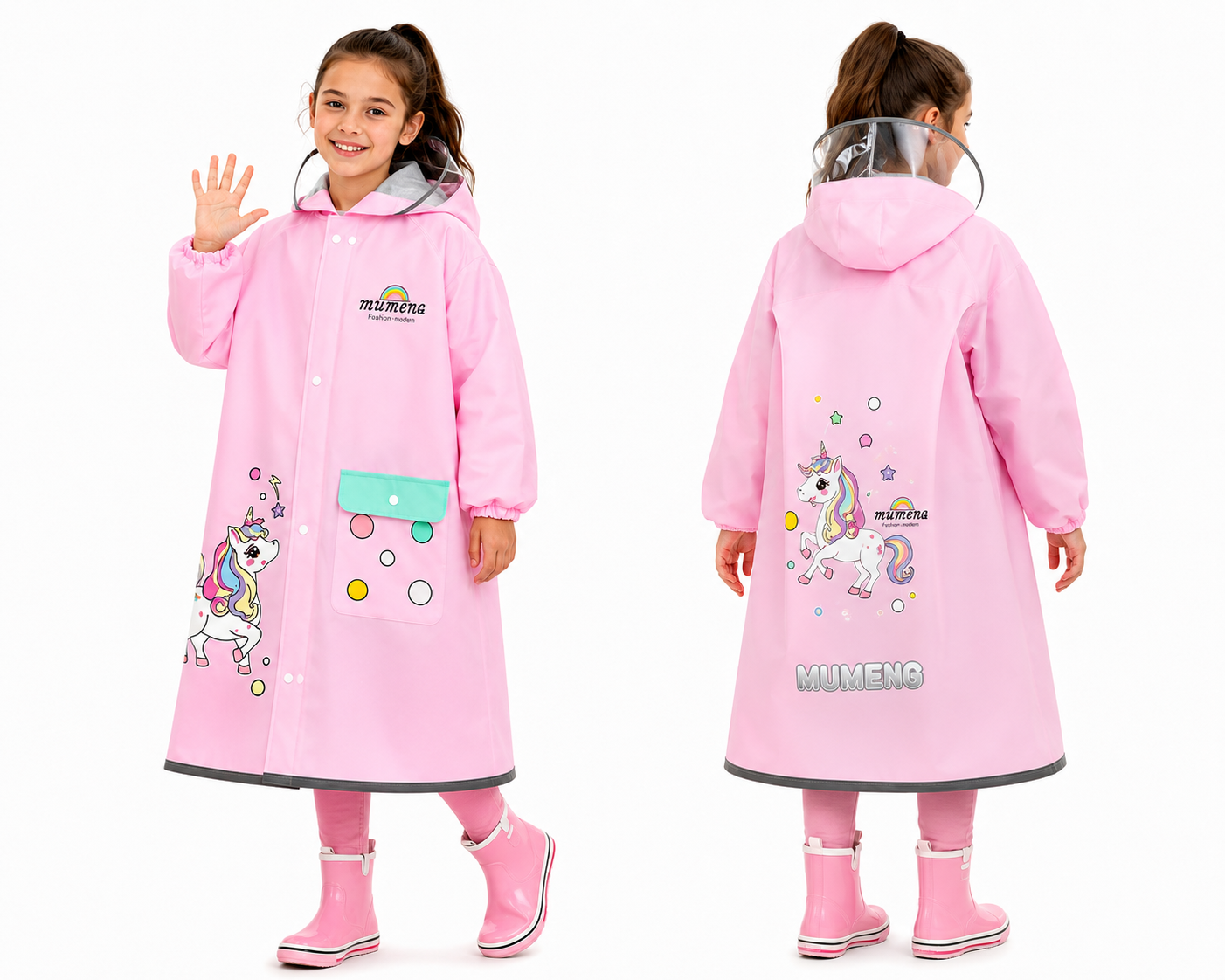 Pelerina de ploaie pentru copii ATOM Deals® unicorn roz, impermeabila EVA, protectie ghiozdan, gluga cu cozoroc transparent, benzi reflectorizante, sac depozitare inclus