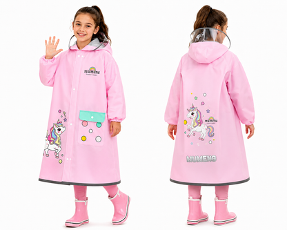 Pelerina de ploaie pentru copii ATOM Deals® unicorn roz, impermeabila EVA, protectie ghiozdan, gluga cu cozoroc transparent, benzi reflectorizante, sac depozitare inclus