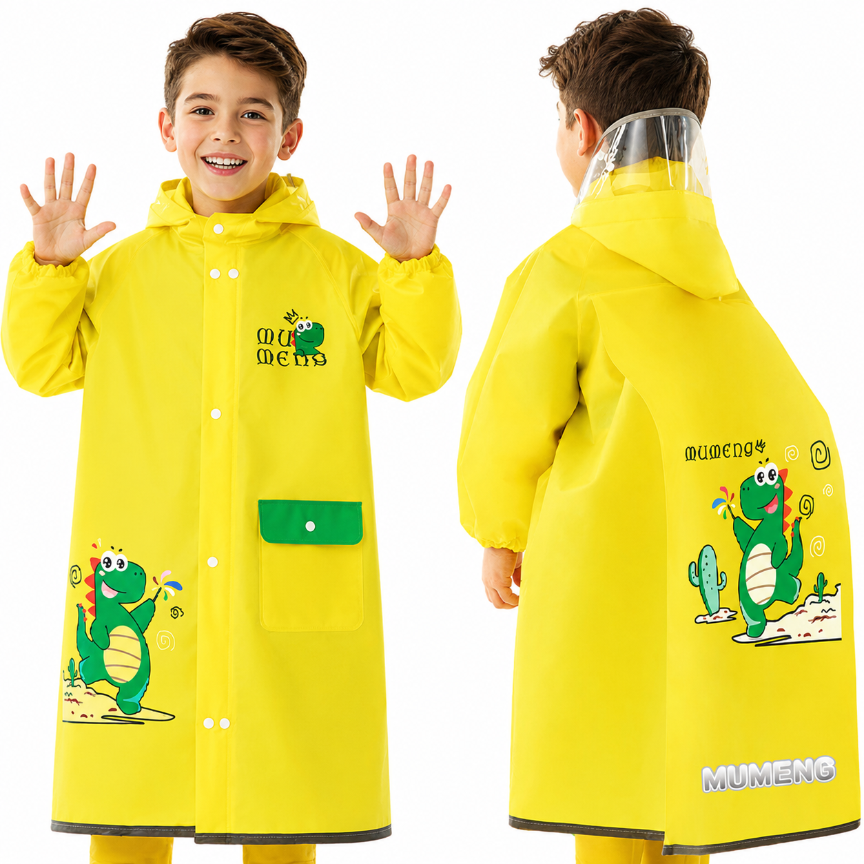 Pelerina de ploaie pentru copii ATOM Deals® Dinozaur Galben, impermeabila EVA, protectie ghiozdan, gluga cu cozoroc transparent, benzi reflectorizante, sac depozitare inclus