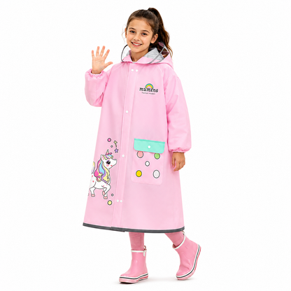Pelerina de ploaie pentru copii ATOM Deals® unicorn roz, impermeabila EVA, protectie ghiozdan, gluga cu cozoroc transparent, benzi reflectorizante, sac depozitare inclus