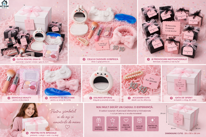 TADAAA! Cadou supriza pentru ziua ei, pentru fete 10-15 ani, 8 cadouri si 8 provocri surpriza, set beauty si relaxare gata de oferit, ideal pentru zi de nastere, prietena sau colega ATOM Deals