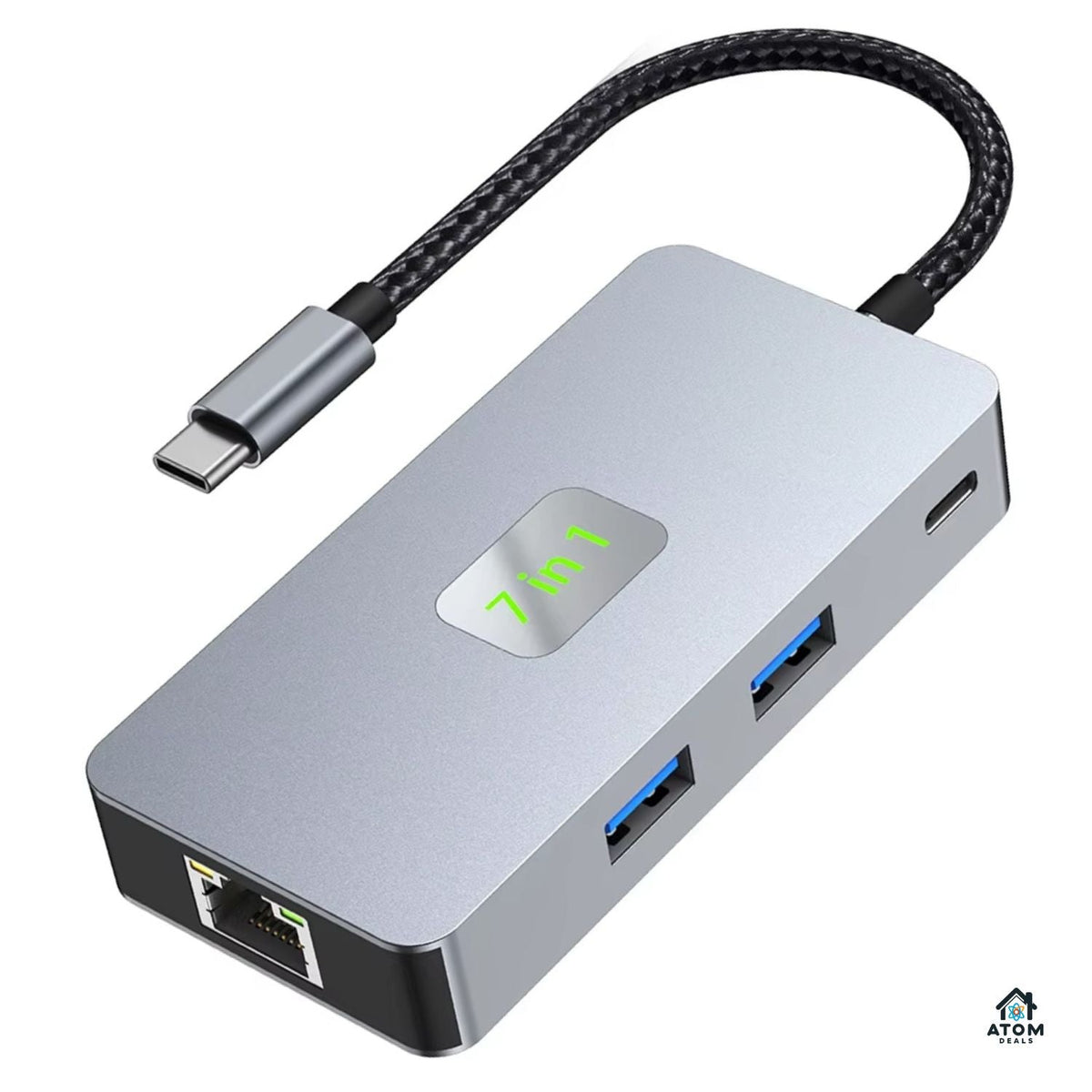 Hub USB-C 7 in 1 ATOM Deals®, gri deschis, PD 100W, HDMI 4K 60Hz, 2 x USB 3.2, Ethernet 2500Mbps , cititor SD TF, transfer ultra rapid, docking station aluminiu pentru laptop, MacBook, PC ATOM Deals
