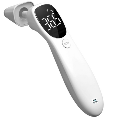 Termometru infrarosu digital 2in1 ATOM DEALS®️, frunte si ureche, pentru copii si adulti, masurare non-contact 1 secunda, precizie ±0.2°C, 32 memorii, afisaj LED, compact si usor, capac protectie, alb