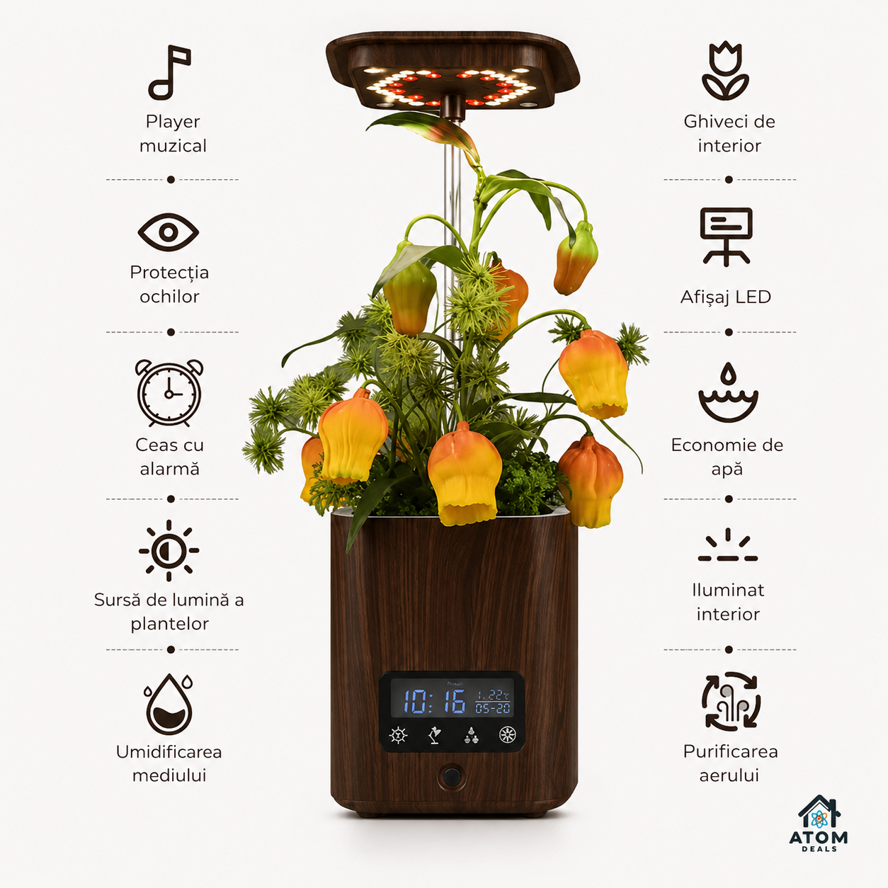 Ghiveci inteligent cu lampa LED pentru cresterea plantelor ATOM Deals® – sistem hidroponic, umidificator, difuzor bluetooth si ceas digital