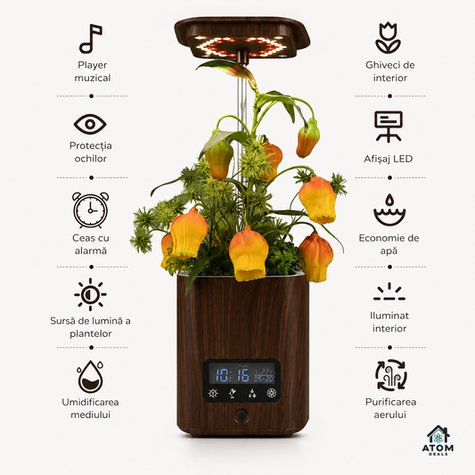 Ghiveci inteligent cu lampa LED pentru cresterea plantelor ATOM Deals® – sistem hidroponic, umidificator, difuzor bluetooth si ceas digital