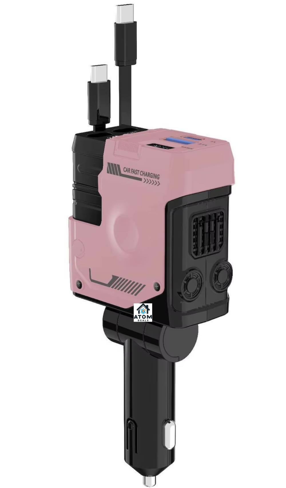 Incarcator auto retractabil 4-in-1 ATOM DEALS®️, 120W, incarcare super rapida, afisaj LED, cablu telescopic 80cm USB TypeC, cablu iPhone