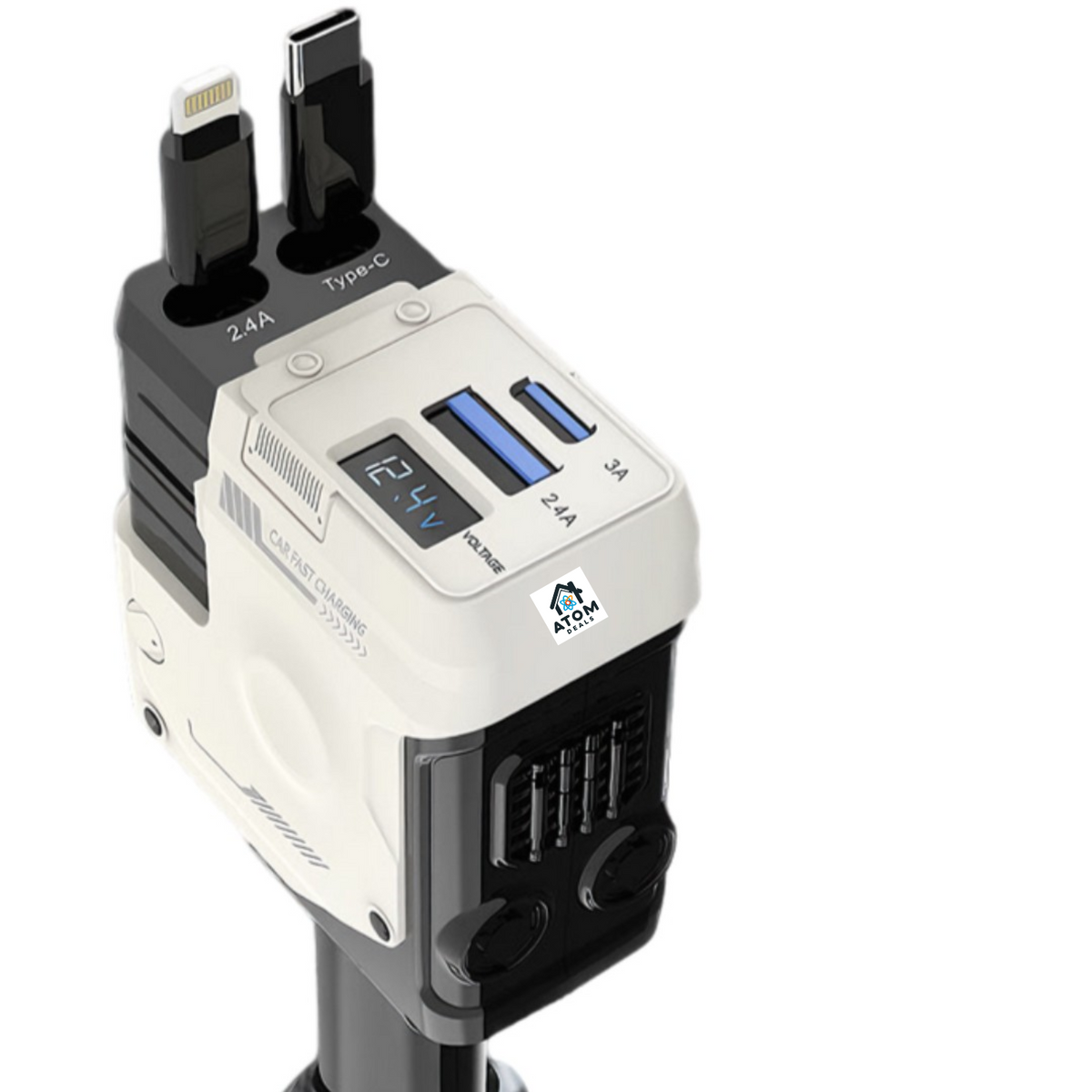 Incarcator auto retractabil 4-in-1 ATOM DEALS®️, 120W, incarcare super rapida, afisaj LED, cablu telescopic 80cm USB TypeC, cablu iPhone ATOM Deals