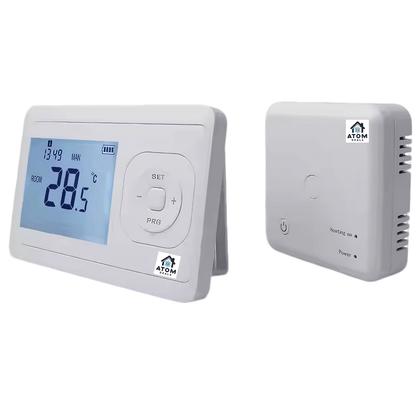 Termostat Wireless ATOM DEALS®️, control temperatura pentru sistem incalzire centrala gaz, programabil saptamanal,montaj pe perete, control temperatura, AC220V, 10A, alimentare cu 2 Baterii AA, ideal pentru apartament, hotel, birou, alb