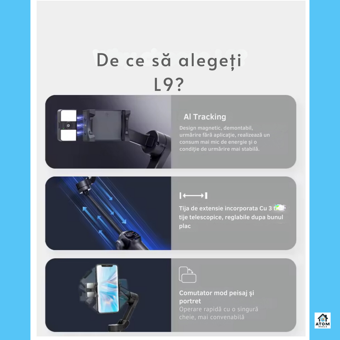 Sistem de stabilizare, gimbal, L9 ATOM DEALS®️, anti shake, pliabil, portabil, autonomie 210 min, incarcare rapida, baterie Li-ion, urmarire AI fata, corp, obiect, functii timelapse, dolly zoom, panoramic, compatibil iOS/Android, greutate redusa, negru