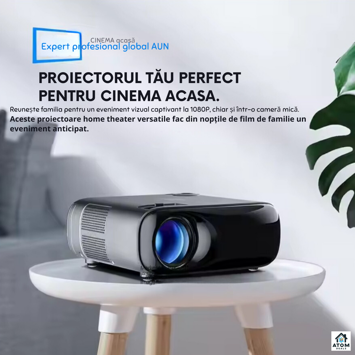 Videoproiector LED 1080P ATOM DEALS®️, 8200 lumeni, 4K suport, Android, short throw ATOM Deals