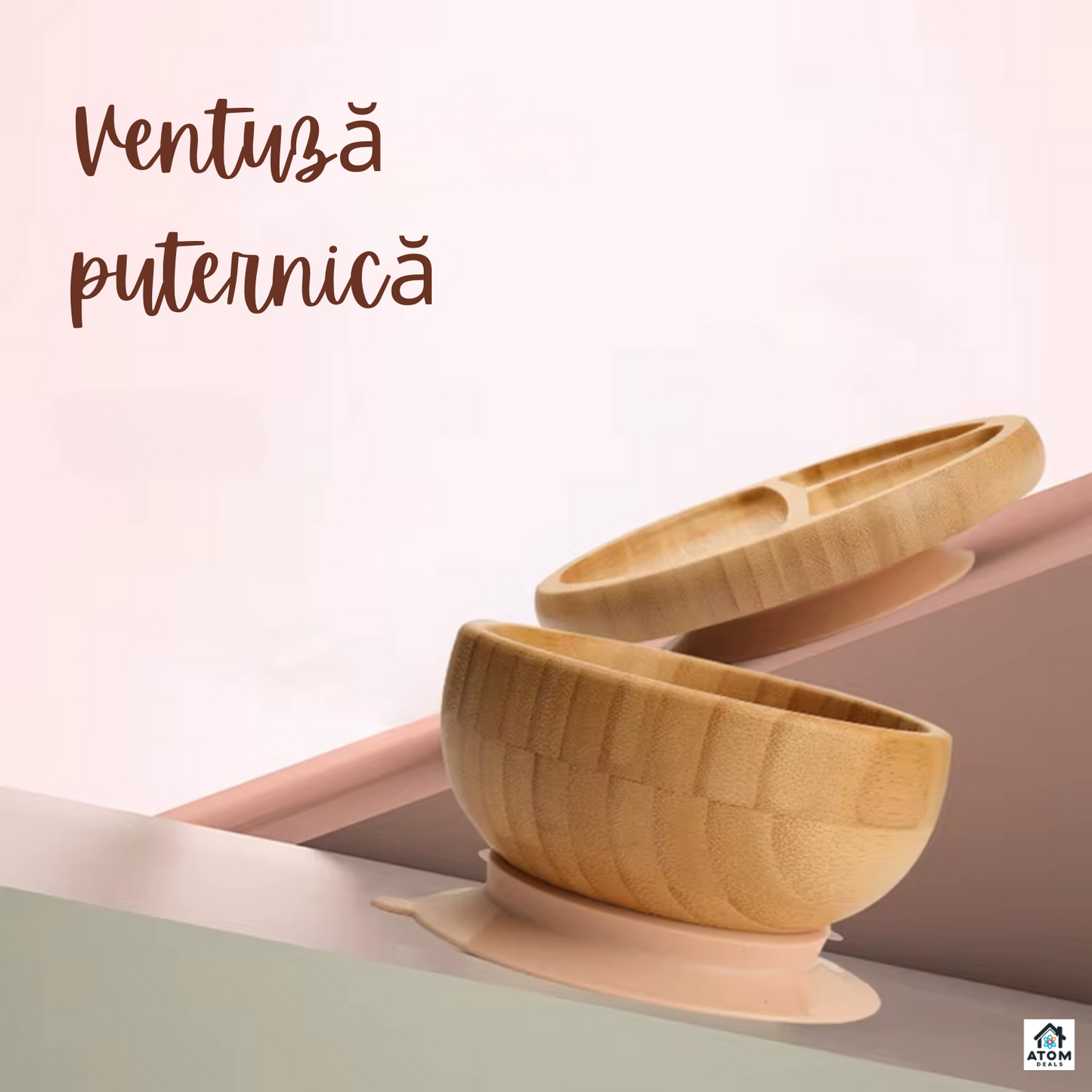Set masă bebeluși din bambus – farfurie cu ventuză, tacâmuri silicon, bavetă
