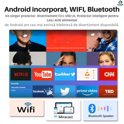 Mini proiector ATOM DEALS®️, LED HD 720P, 4200 lumeni, Android 9, portabil, sunet