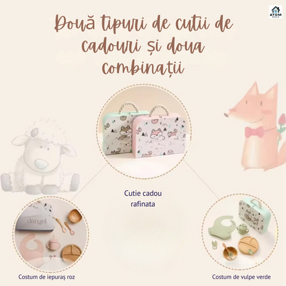 Set masă bebeluși din bambus – farfurie cu ventuză, tacâmuri silicon, bavetă