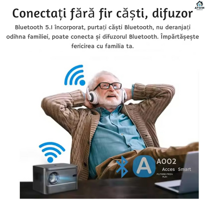 Mini proiector ATOM DEALS®️, LED HD 720P, 4200 lumeni, Android 9, portabil, sunet