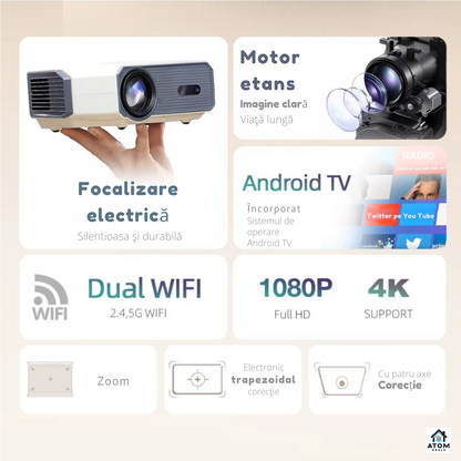 Videoproiector LED 1080P, Android9, WiFi, 4Ksuport, 9000lum, autofocus