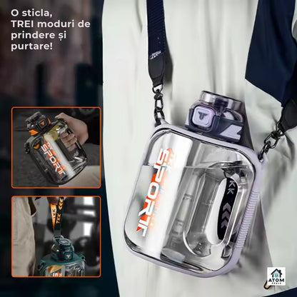 Sticlă sport 1000 ml Tritan fără BPA, pai silicon, capac flip, curea