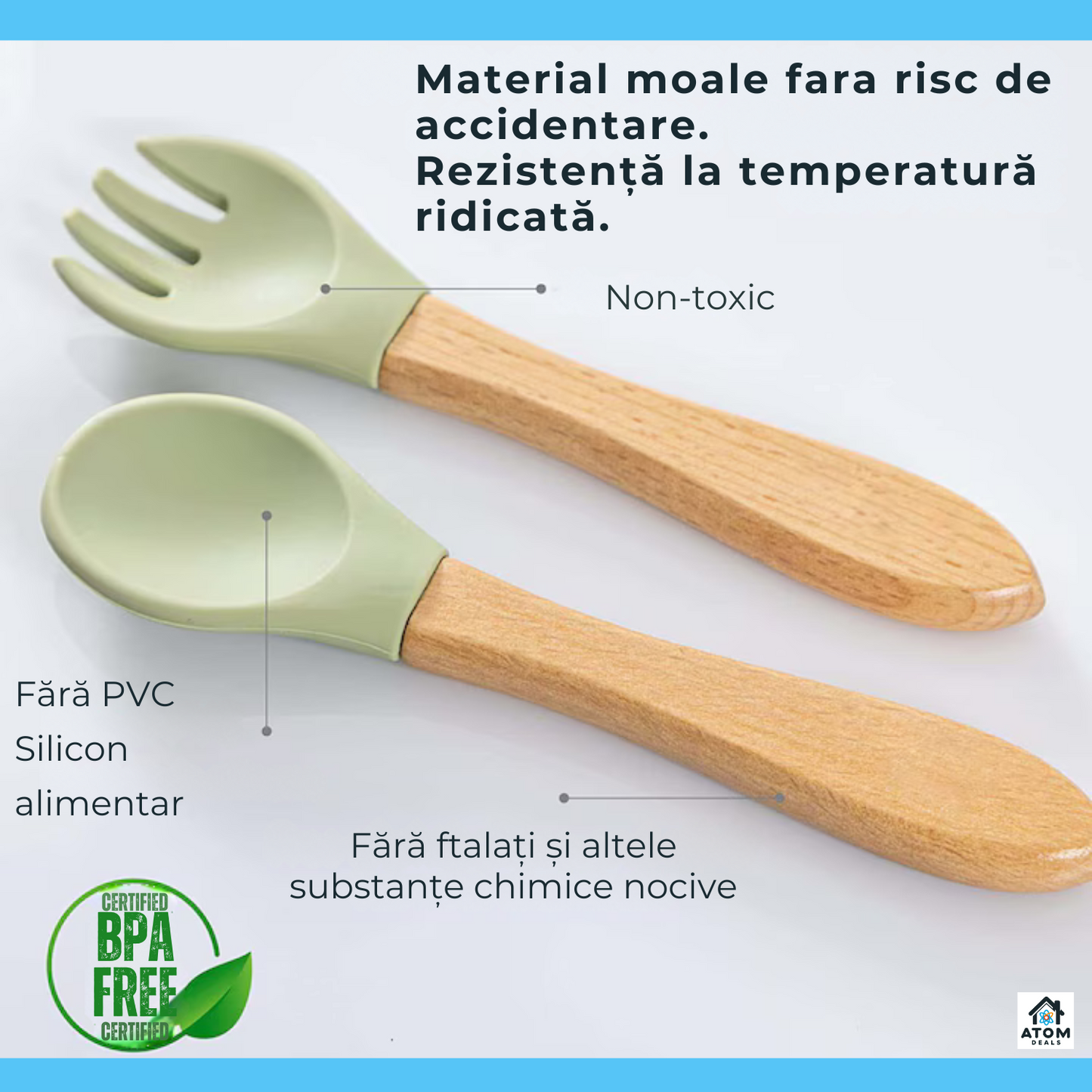 Set masă bebeluși din bambus – farfurie cu ventuză, tacâmuri silicon, bavetă