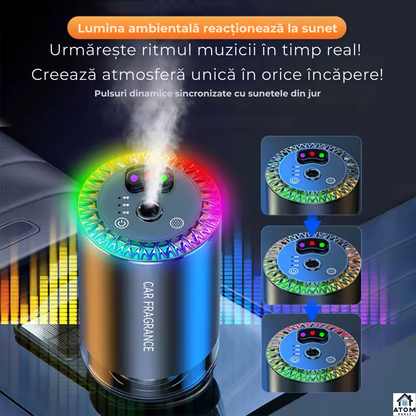 Odorizant auto ATOM Deals® smart cu difuzie nano, purificare aer, RGB muzical, parfum Cologne Ocean, aluminiu premium