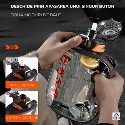 Sticlă sport 1000 ml Tritan fără BPA, pai silicon, capac flip, curea
