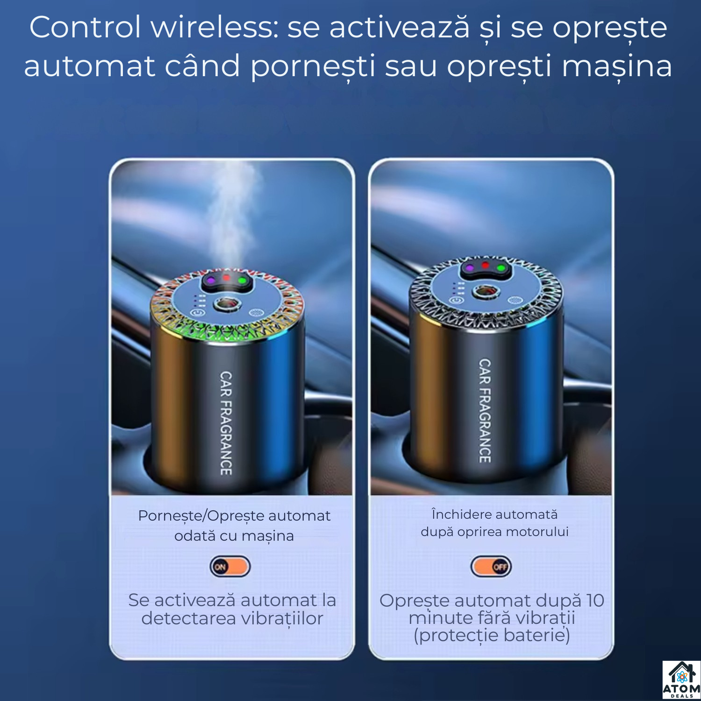 Odorizant auto ATOM Deals® smart cu difuzie nano, purificare aer, RGB muzical, parfum Cologne Ocean, aluminiu premium