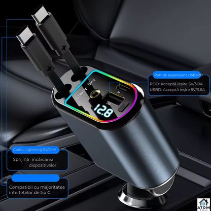 Incarcator auto 3-in-1 ATOM Deals® 120W cu cablu retractabil, Type-C + Lightning, afisaj LED, fast charging, negru ATOM Deals