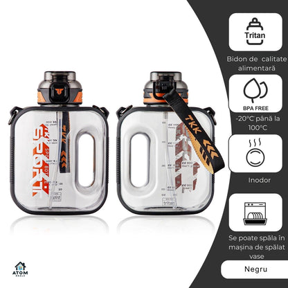 Sticlă sport 1000 ml Tritan fără BPA, pai silicon, capac flip, curea