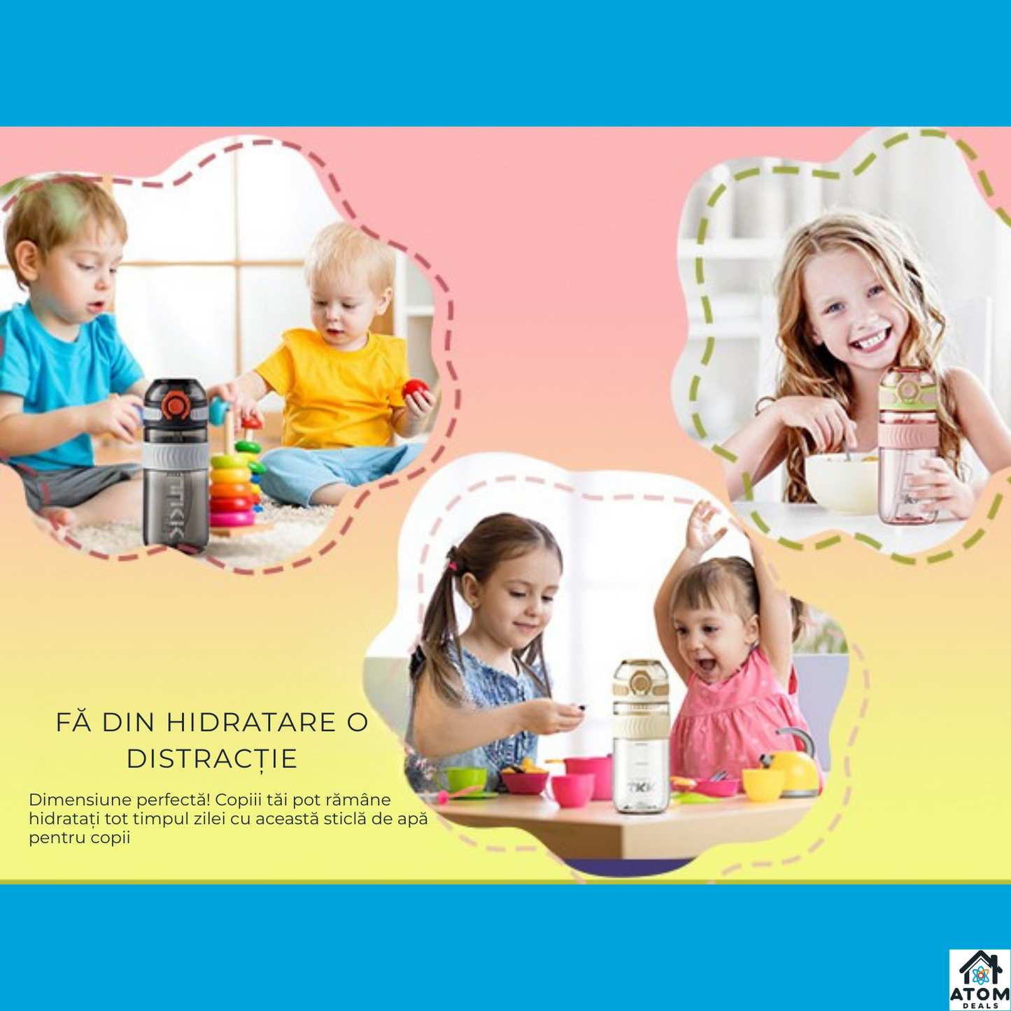 Sticla Tritan 550ml ATOM DEALS® BPA Free, pentru copii, cu capac etans, recipient apa sport, sticla reutilizabila pentru birou, sala, calatorii, design modern